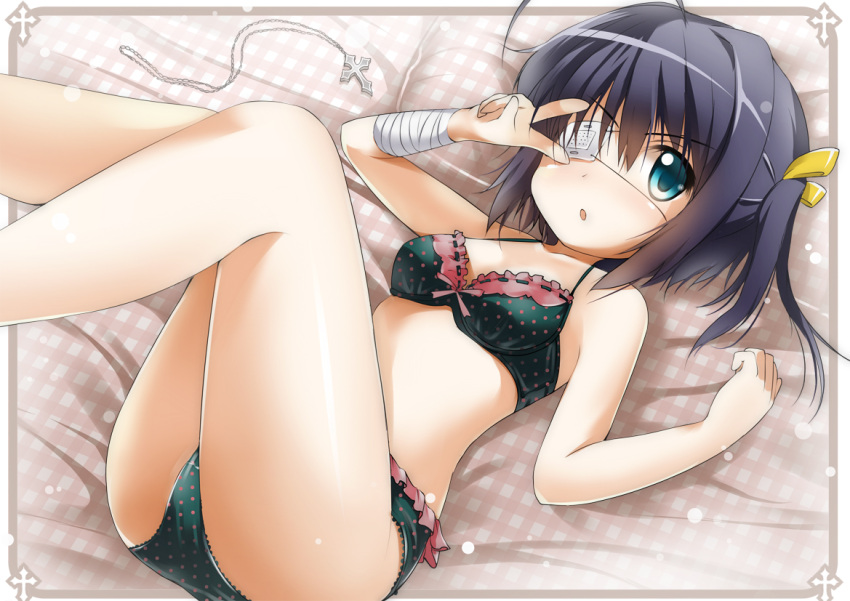 :o, ahoge, bandage, bandages, black_hair, blue_eyes, border, bra