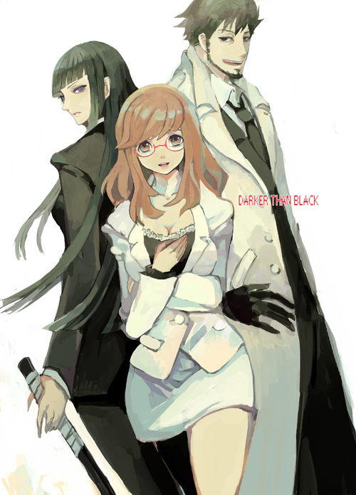 breasts, brown_hair, cleavage, darker_than_black, formal, glasses, hazuki_mina_(darker_than_black), long_hair, looking_back, migratory_tori, pant_suit, pantyhose, sawasaki_youko, shizume_genma, suit, weapon