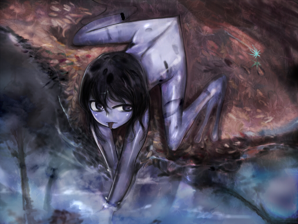 black_hair, blue_eyes, frog, frog_girl, long_toes, mon-musu_quest!, monster_girl, nude
