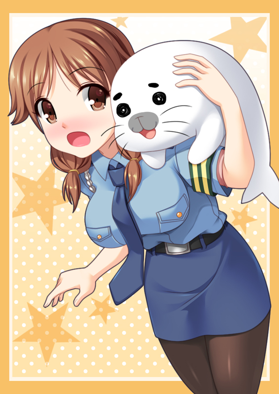 :o, belt, black_legwear, blush, border, brown_eyes, brown_hair, fujimiya_yuu