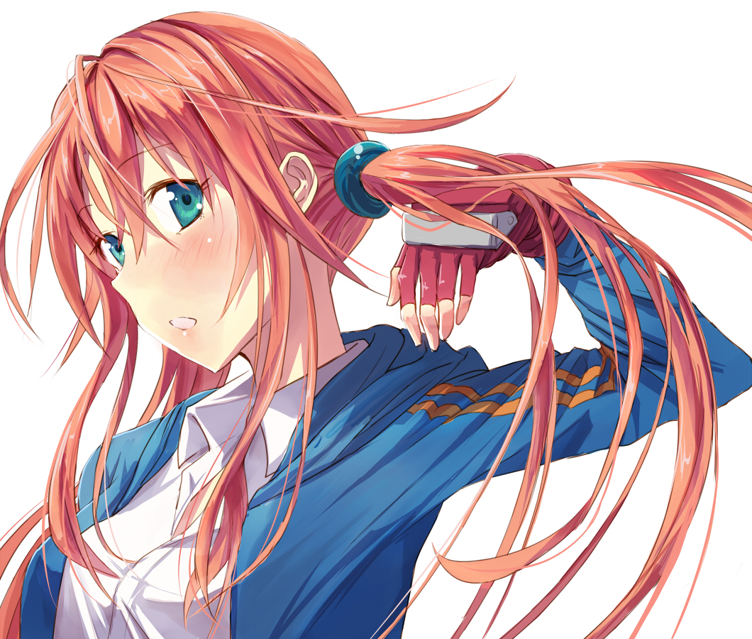 arm_up, blue_eyes, blush, fingerless_gloves, gloves, kaeru314, long_hair, momoko_(kaeru314)