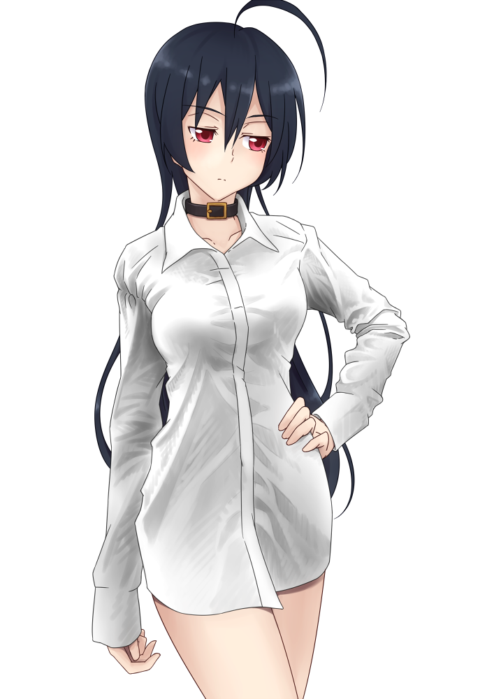 ahoge, black_hair, blush, breasts, choker, chuunibyou_demo_koi_ga_shitai!, dress_shirt, hand_on_hip
