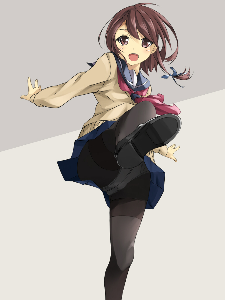 :d, black_legwear, blush, brown_eyes, brown_hair, kicking, leg_up, long_hair
