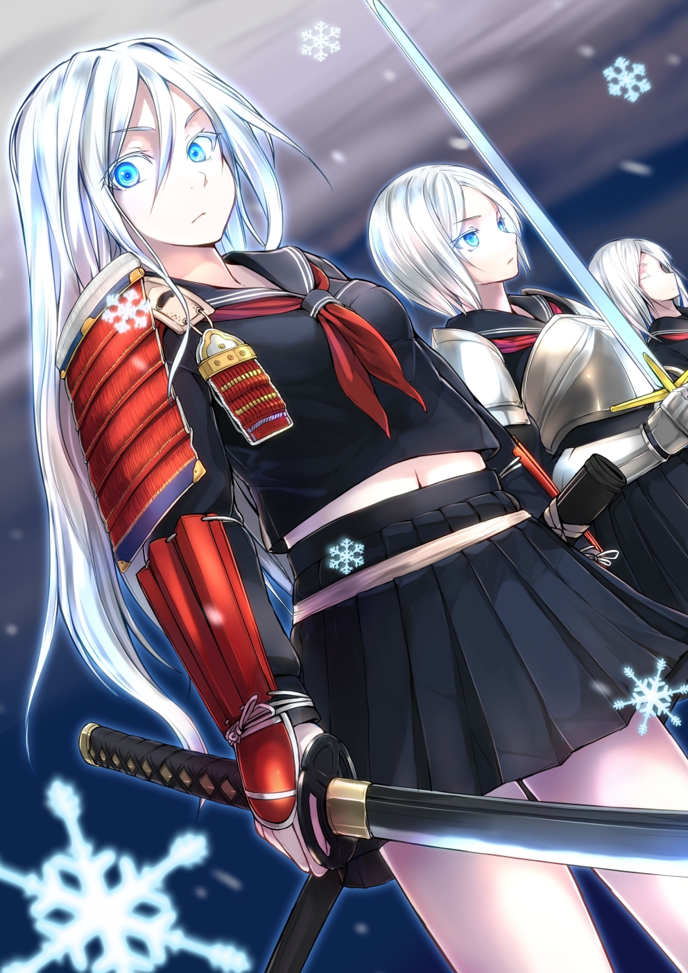 arm_guards, blue_eye, breastplate, closed_eyes, eyes_closed, gauntlets, highres, katana
