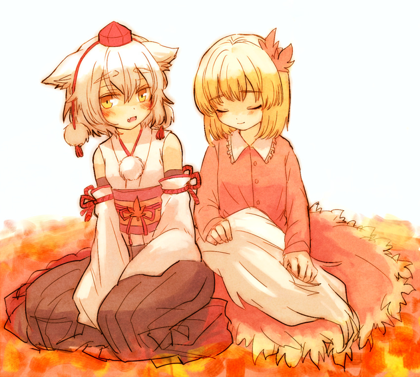 aki_shizuha, animal_ears, blonde_hair, blush, detached_sleeves, dress, fang, furorida
