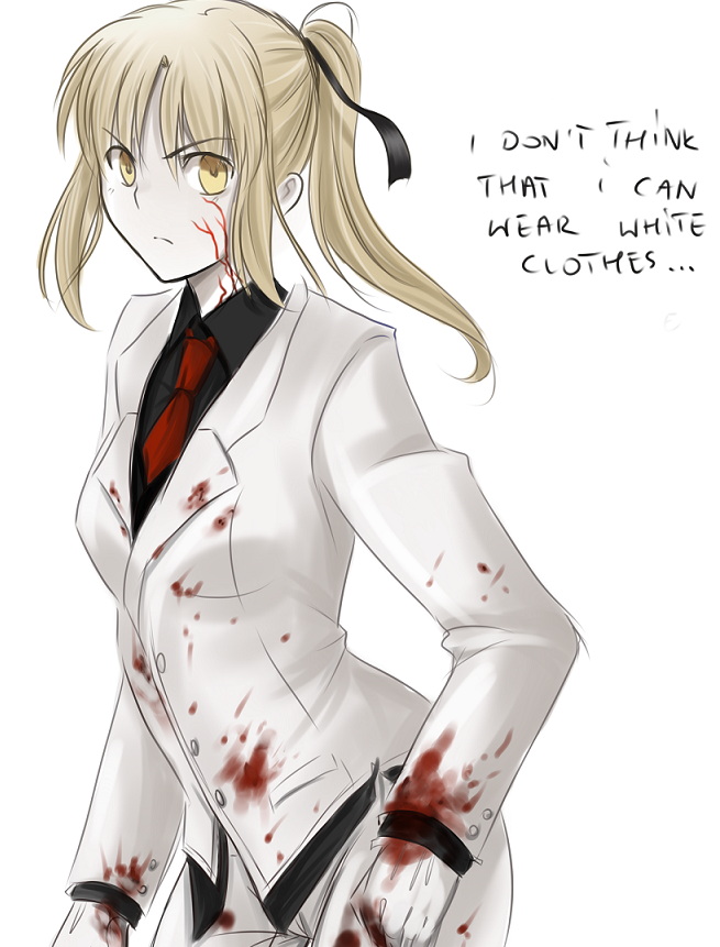 alternate_costume, black_shirt, blood, bloody_clothes, english, fate/stay_night, fate/zero, fate_(series)