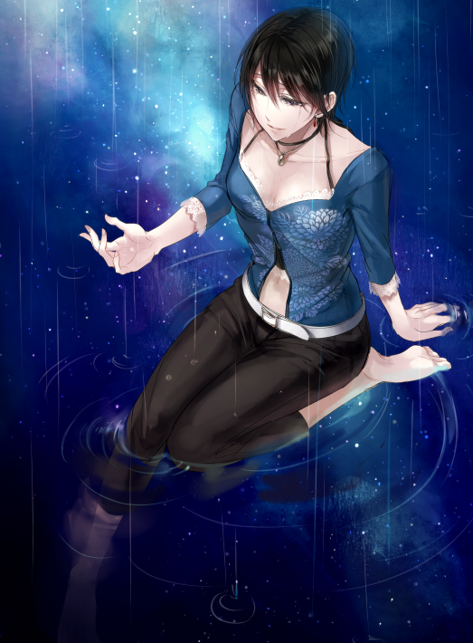 belt, black_hair, blue_eyes, breasts, cleavage, earrings, fatal_frame, fatal_frame_3