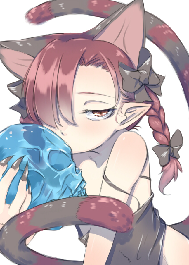 animal_ears, bare_shoulders, bow, braid, brown_eyes, bust, cat_ears, cat_tail