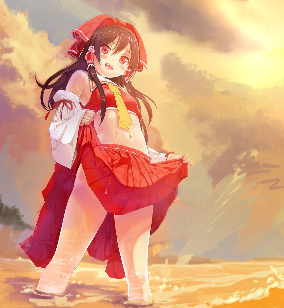 :d, ascot, bare_shoulders, blush, bow, brown_hair, detached_sleeves, feet_in_water