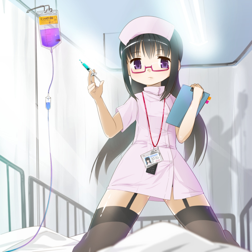 akemi_homura, bespectacled, biohazard_symbol, black_hair, black_legwear, clipboard, curtains, dress