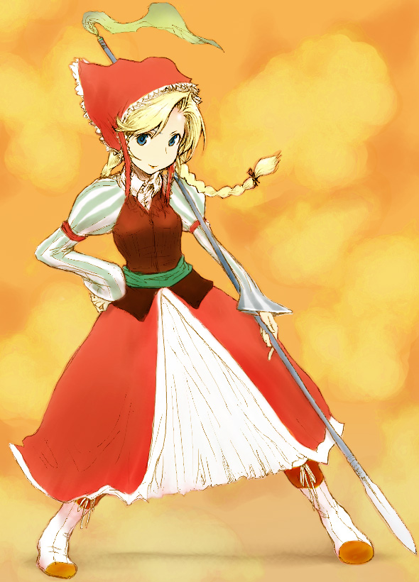 blonde_hair, blue_eyes, boots, cordelia_(saga_frontier_2), dress, full_body, hand_on_hip, head_scarf, long_sleeves, polearm, puffy_long_sleeves, puffy_sleeves, saga, saga_frontier, saga_frontier_2, solo, vertical_stripes, weapon, yan_(yan_36k)