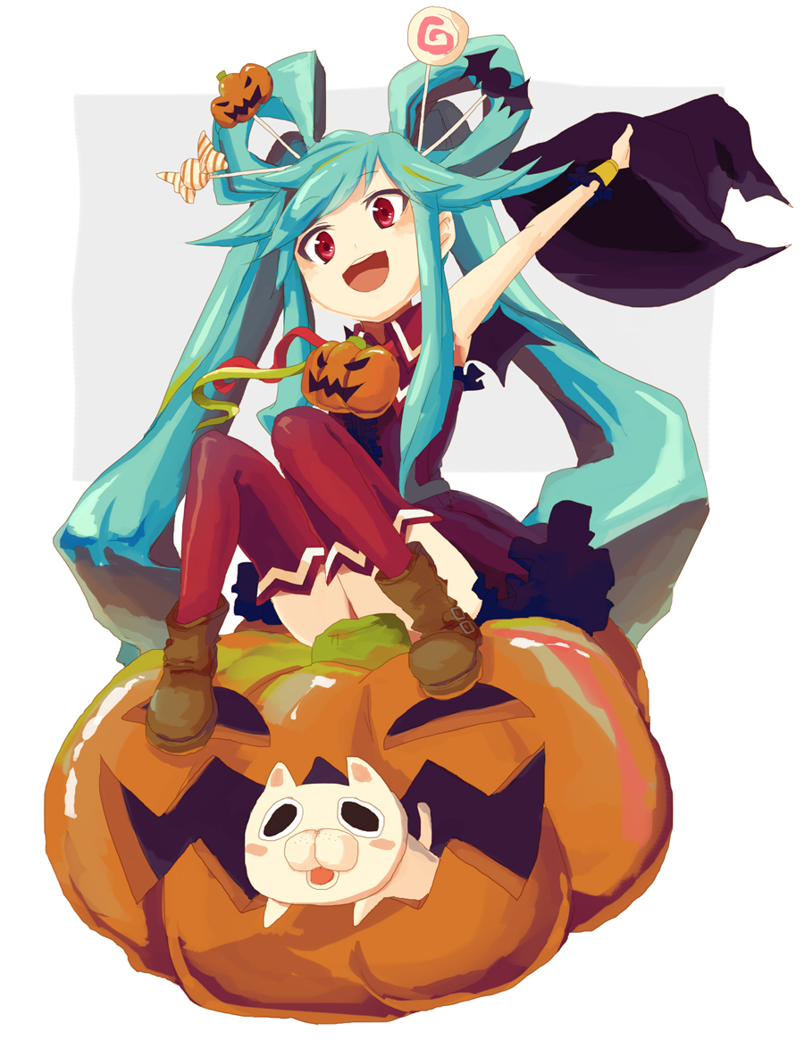 ajiko_ajio, beatmania, beatmania_iidx, blue_hair, hair_rings, halloween, hat, jack-o'-lantern, jack-o'-lantern, jubeat, open_mouth, pumpkin, red_eyes, ryoushi_no_umi_no_lindworm, solo, twintails, white_background