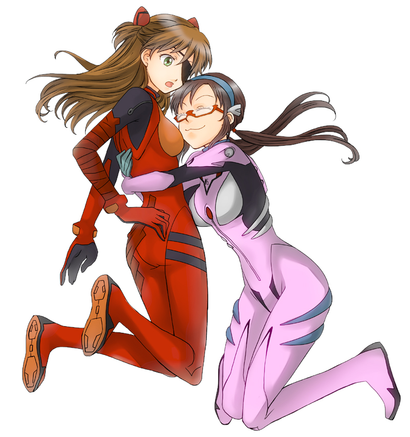 :3, closed_eyes, evangelion:_3.0_you_can_(not)_redo, eyepatch, eyes_closed, glasses, green_eyes, hashiko_(bilrost), hug, long_hair, makinami_mari_illustrious, multiple_girls, neon_genesis_evangelion, orange_hair, plugsuit, rebuild_of_evangelion, shikinami_asuka_langley, smile, soryu_asuka_langley, souryuu_asuka_langley