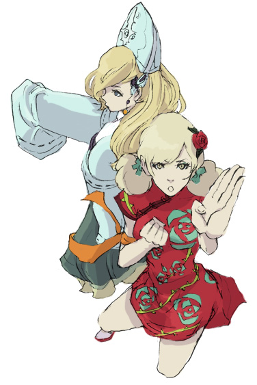 2girls, blonde_hair, blue_eyes, chinadress, double_bun, female, final_fantasy, final_fantasy_iv