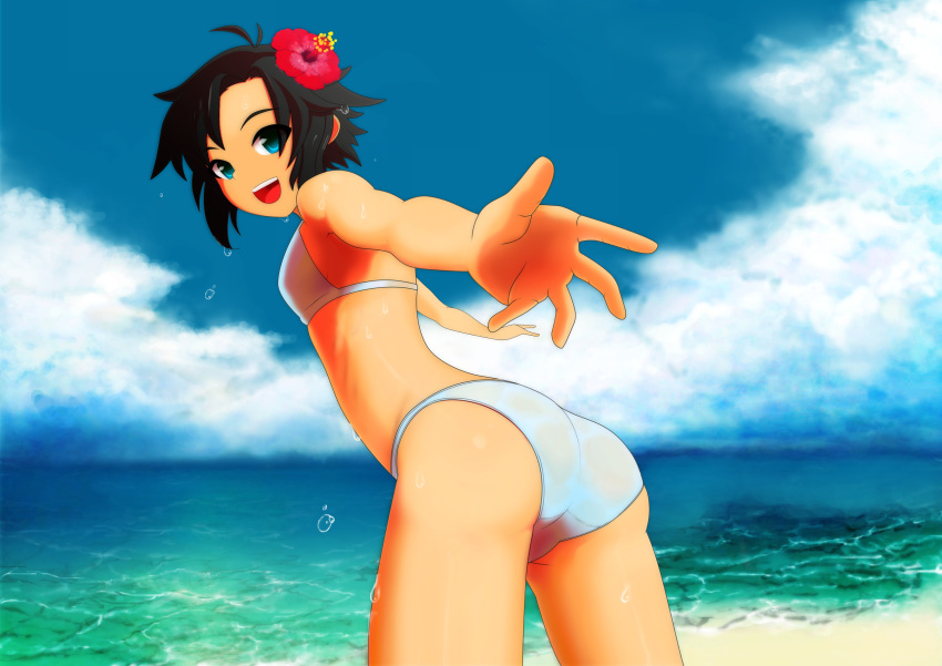 antenna_hair, ass, beach, bikini, black_hair, blue_eyes, flat_chest, flower, hair_flower, hair_ornament, highres, idolmaster, kikuchi_makoto, ocean, open_mouth, outstretched_hand, short_hair, smile, solo, swimsuit, watarou_(chemicalpopcorn), wet, white_bikini