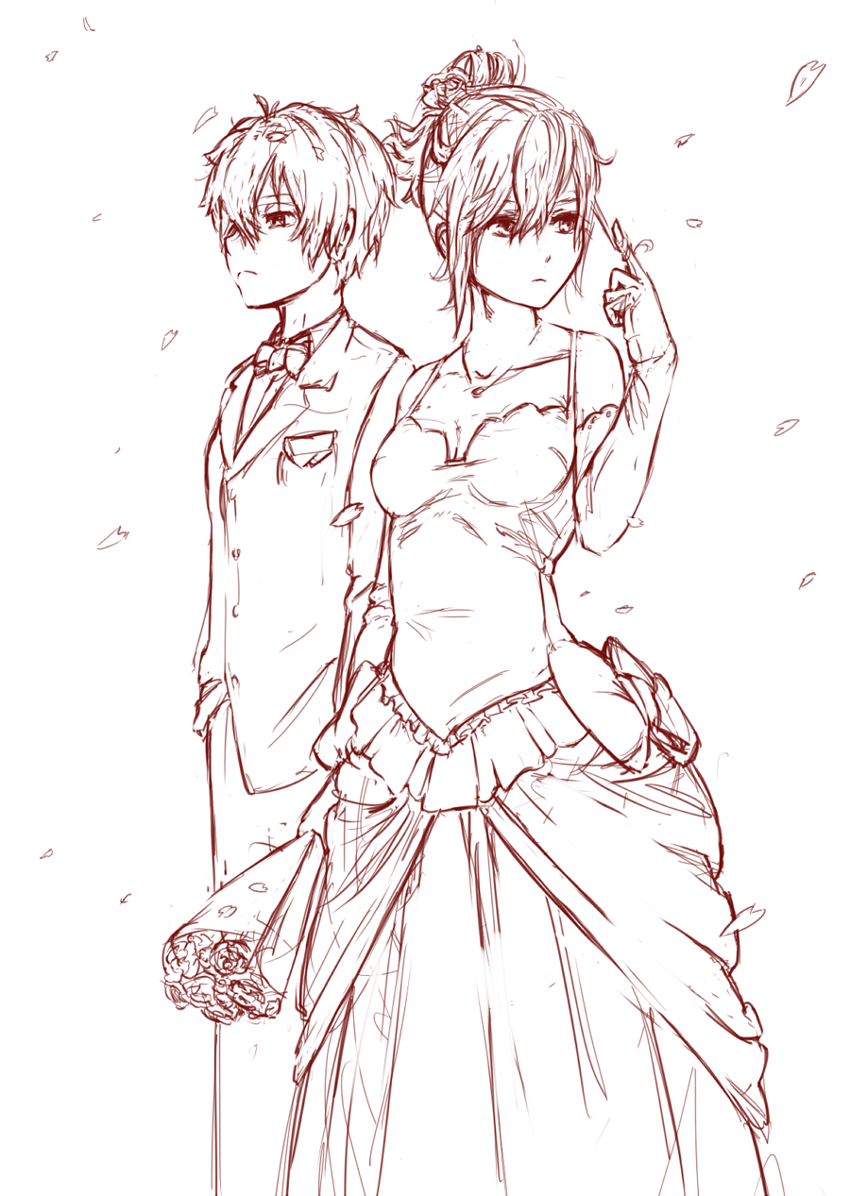 1girl, arantheus, bare_shoulders, bouquet, breasts, dress, elbow_gloves, finger_twirl