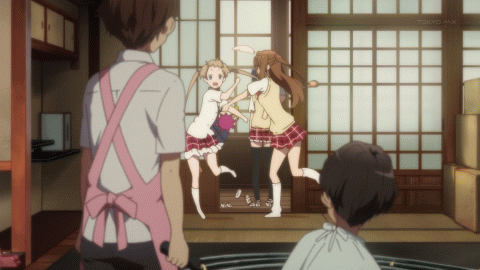 animated, animated_gif, apron, black_hair, blonde_hair, box, brown_hair, catfight