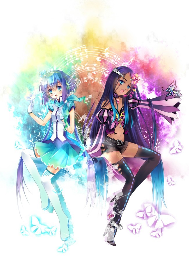 aoki_lapis, boots, butterfly, jiji_(381134808), merli_(vocaloid), multiple_girls, rainbow_background, siblings