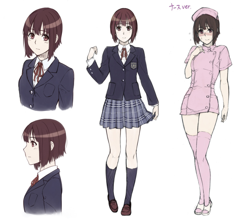 black_hair, blush, bob_cut, character_sheet, copyright_request, dress_shirt, flying_sweatdrops, hat