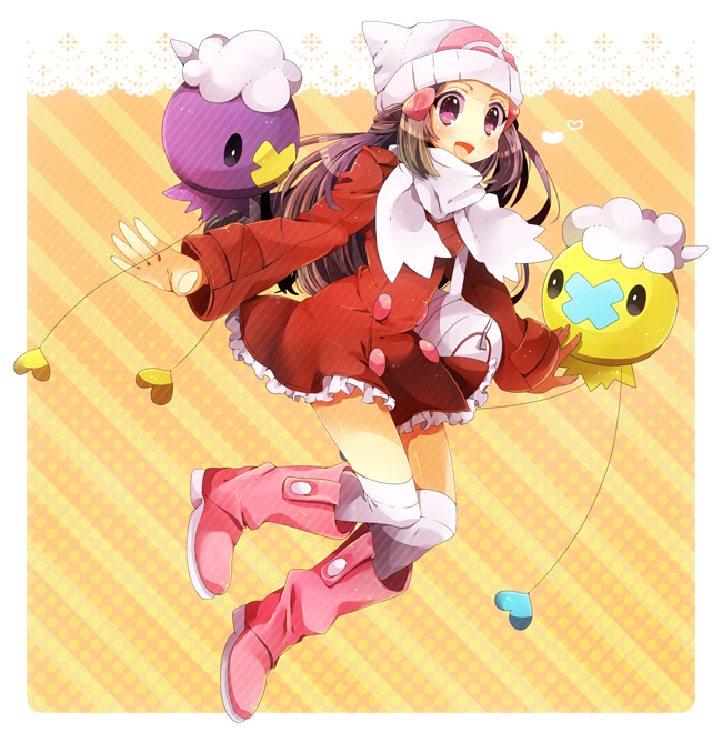 1girl, :d, alternate_color, beanie, black_hair, blush, boots, coat