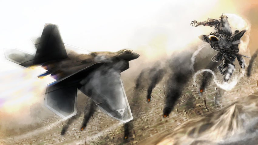 ace_combat_04, aerial_battle, afterburner, airplane, battle, city, condensation_trail, crossover, emblem, epic, f-22, fighter_jet, highres, isaf, jet, kemocha-han, mecha, mobius_1, sky, smoke, starscream, tattoo, transformation, transformers, transformers_(film), transforming