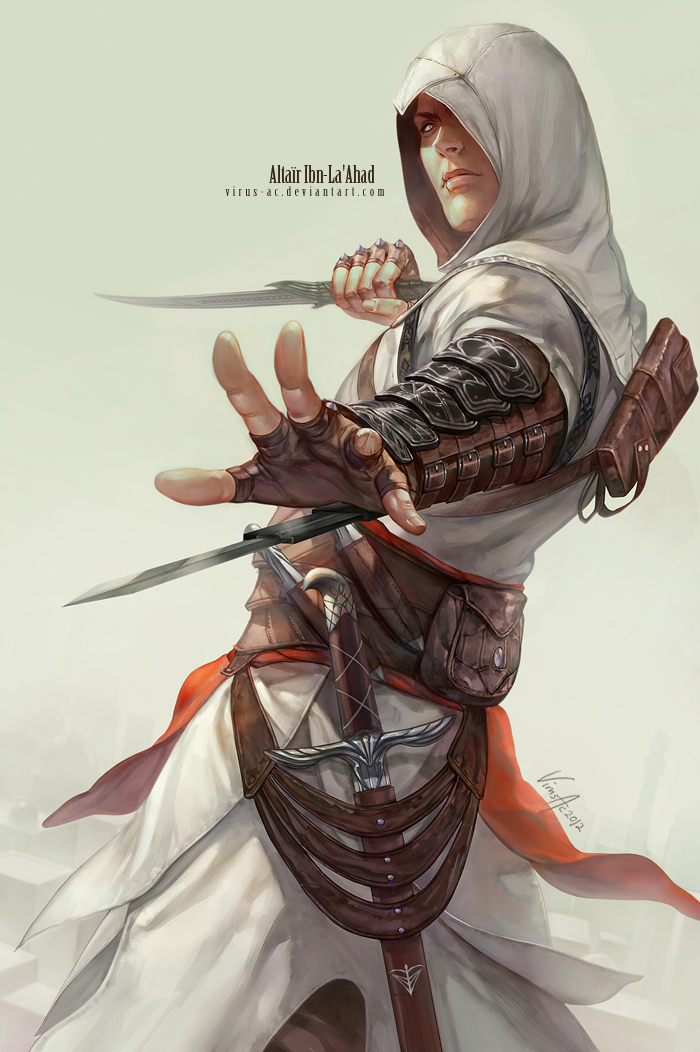 altair_ibn_la-ahad, assassin's_creed, assassin's_creed, belt, blade, character_name, fingerless_gloves, gloves