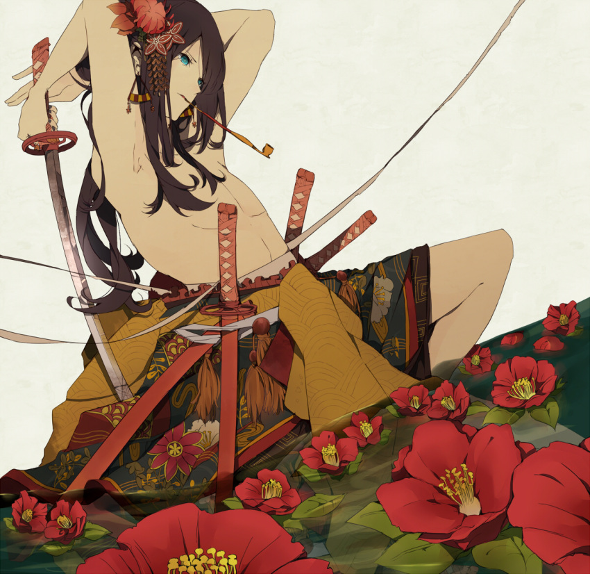 androgynous, blue_eyes, dutch_angle, earrings, flower, hair_flower, hair_ornament, japanese_clothes