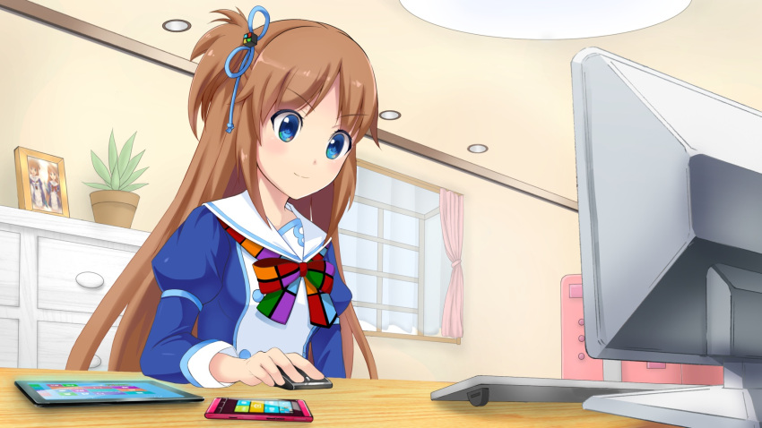 blue_eyes, bow, brown_hair, chest_of_drawers, computer, computer_keyboard, curtains, desk