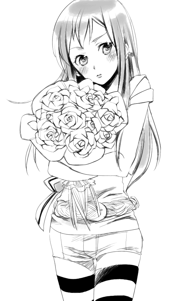 crossdressing, earrings, flower, jewelry, koga_norio, kumonosuke, long_hair, monochrome, narutaru, rose, short_shorts, shorts, striped, striped_legwear, striped_thighhighs, thigh-highs, thighhighs, trap