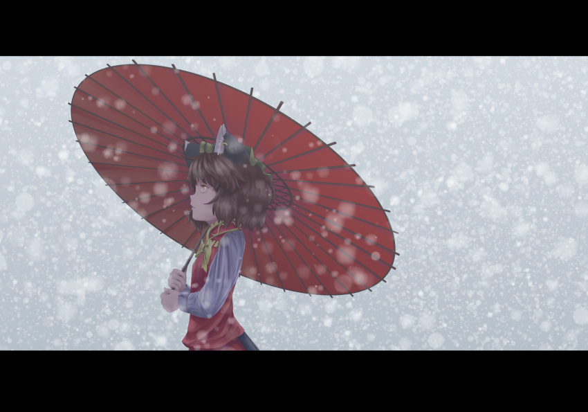 animal_ears, bow, brown_eyes, brown_hair, cat_ears, chen, ear_piercing, hat, highres, jewelry, kabu_(yuyuibob), letterboxed, long_sleeves, oriental_umbrella, piercing, shirt, short_hair, single_earring, skirt, snowing, solo, touhou, umbrella, vest