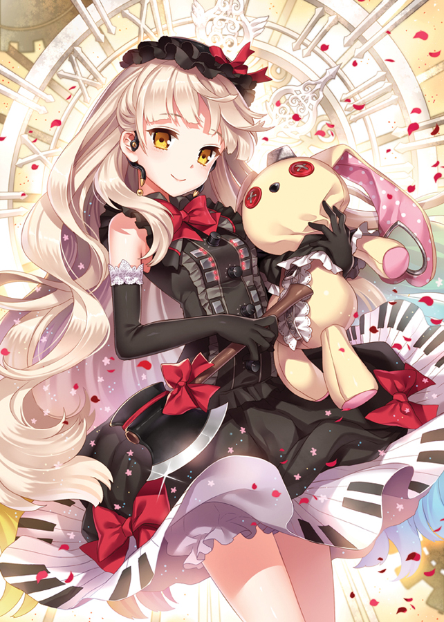 :>, black_gloves, bloomers, blush, bow, dress, elbow_gloves, gloves, holding, long_hair, looking_at_viewer, mayu_(vocaloid), nardack, petals, piano_print, silver_hair, smile, solo, sparkle, standing, star, stuffed_animal, stuffed_bunny, stuffed_toy, vocaloid, yellow_eyes