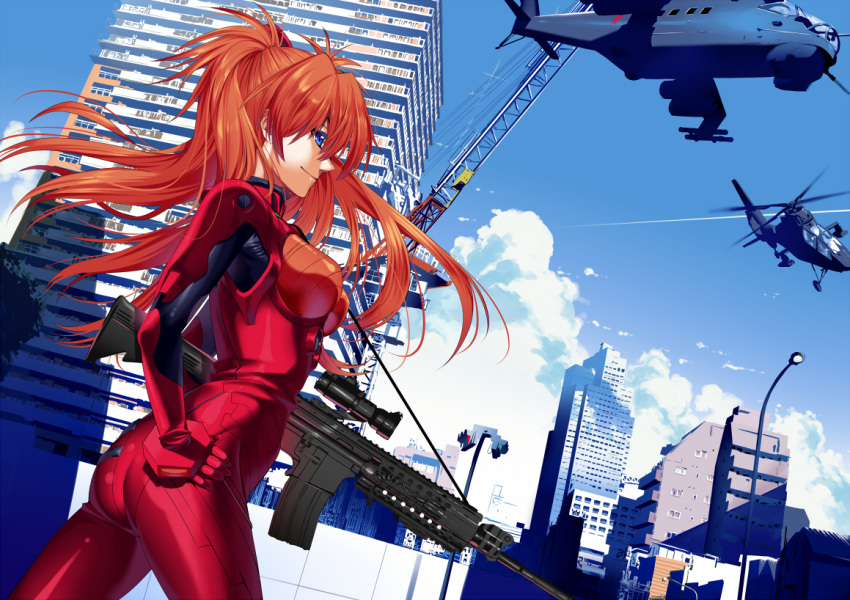 assault_rifle, blue_eyes, blue_sky, breasts, building, city_skyline, cloud, clouds