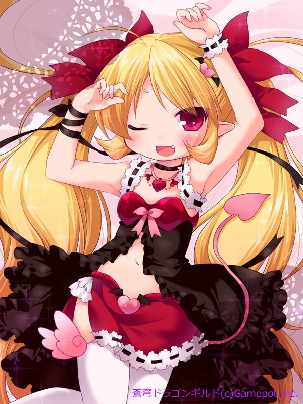 ;d, armpits, arms_up, blonde_hair, blush, demon_tail, dragon_guild, fang