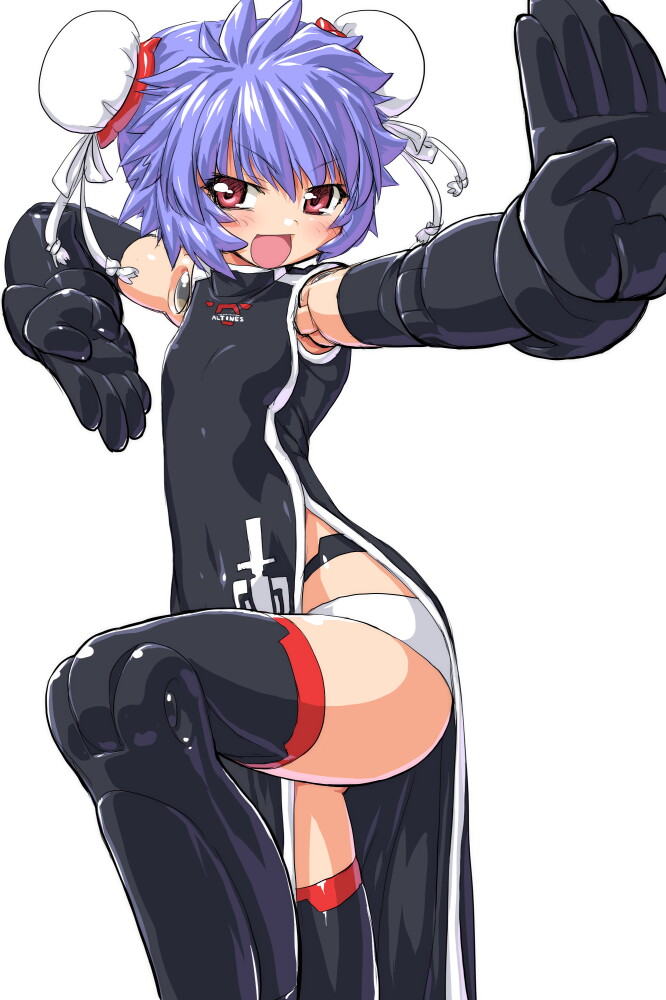 :d, altines, black_legwear, blue_hair, blush, busou_shinki, china_dress, chinese_clothes
