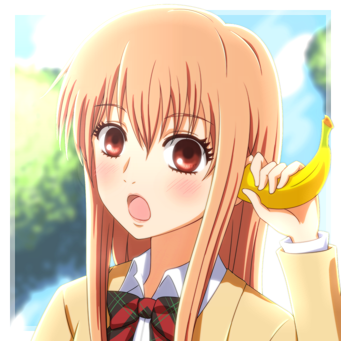 :o, ayase_chihaya, banana, banana_in_ear, blush, bow, bowtie, brown_eyes