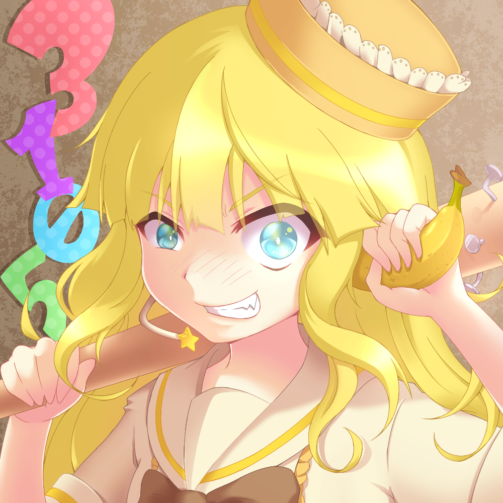 banana, banana_in_ear, baseball_bat, blonde_hair, blue_eyes, bow, bowtie, brown_background