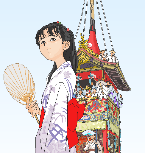 1girl, black_hair, brown_eyes, east_asian_architecture, fan, festival, hinomoto_sakura, japanese_clothes