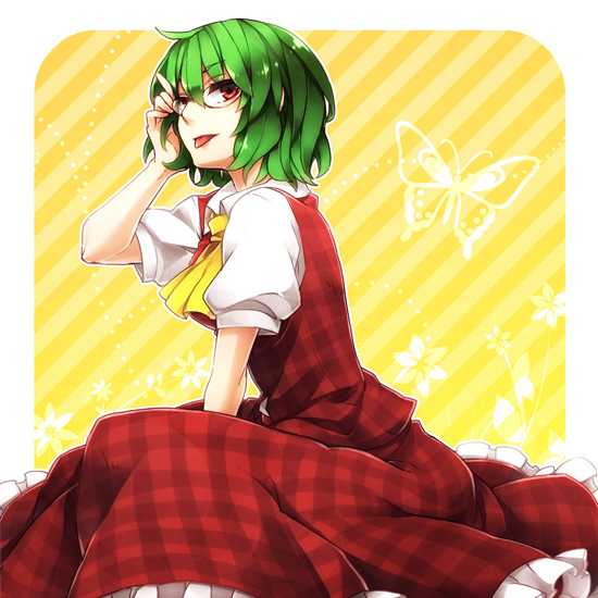 ascot, bespectacled, butterfly, flower, glasses, green_hair, hand_in_hair, kazami_yuuka
