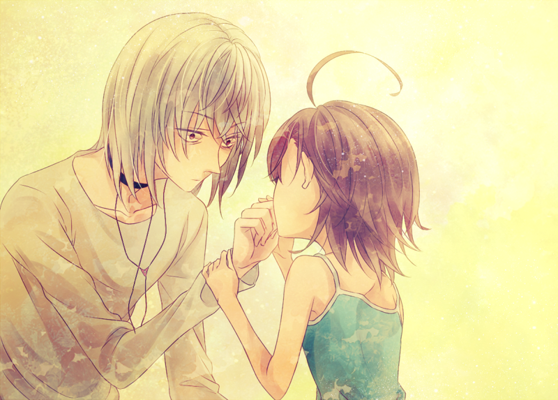 1girl, accelerator, ahoge, albino, brown_hair, choker, hand_kiss, kiss