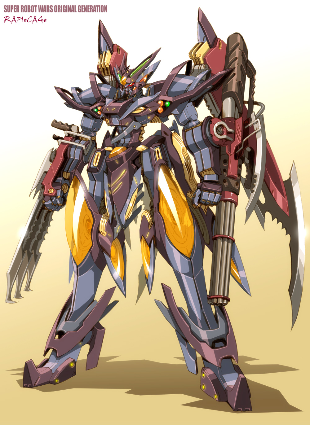 character_name, claws, gatling_gun, gun, highres, mecha, momofuku, no_humans