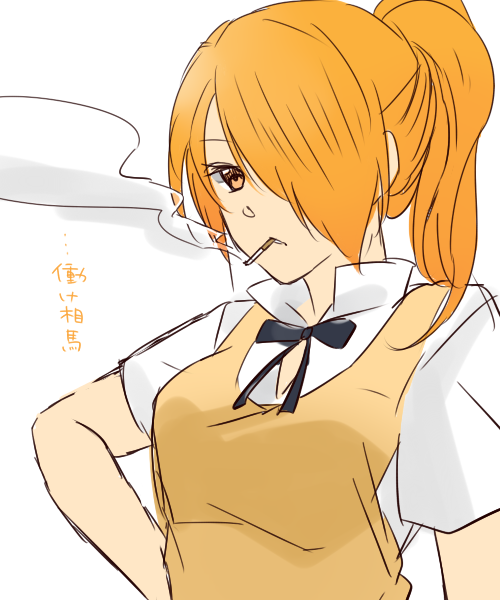 blonde_hair, cigarette, genderswap, hair_over_one_eye, long_hair, mouth_hold, ponytail, satou_jun, solo, working!!, yellow_eyes, yuuri_(purple_planet)