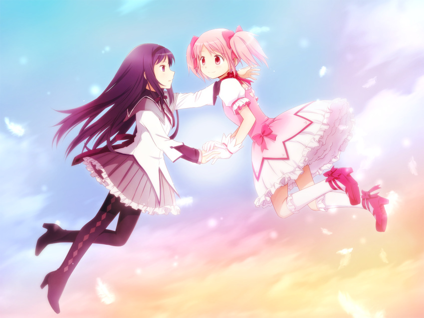 akemi_homura, arya_(artist), black_hair, blush, bow, bubble_skirt, feathers, hair_bow