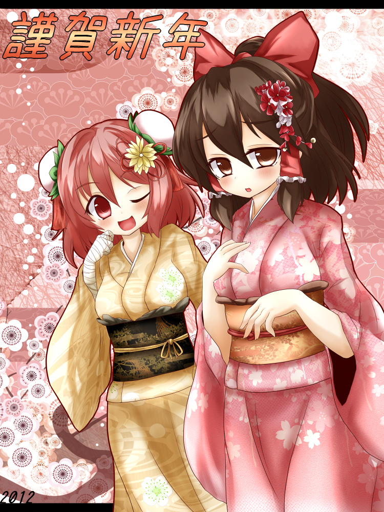 alternate_costume, arm_up, blush, bow, brown_dress, brown_eyes, brown_hair, bun_cover