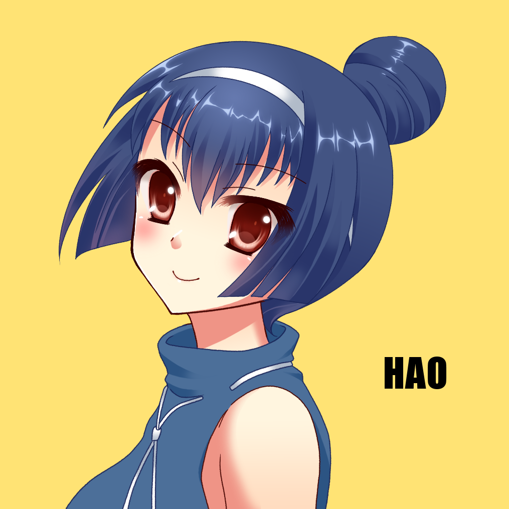 blue_hair, blush, character_name, close-up, face, hair_bun, hairband, hao_huiyu