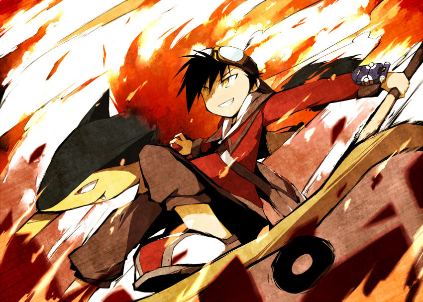 bag, baseball_cap, black_hair, cap, cue_stick, fire, goggles, goggles_on_head