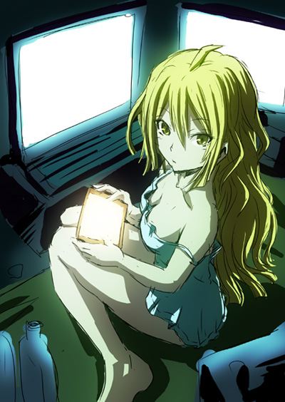 blonde_hair, breasts, cleavage, koujiro_frau, moai_(moai_world), robotics;notes, solo, yellow_eyes