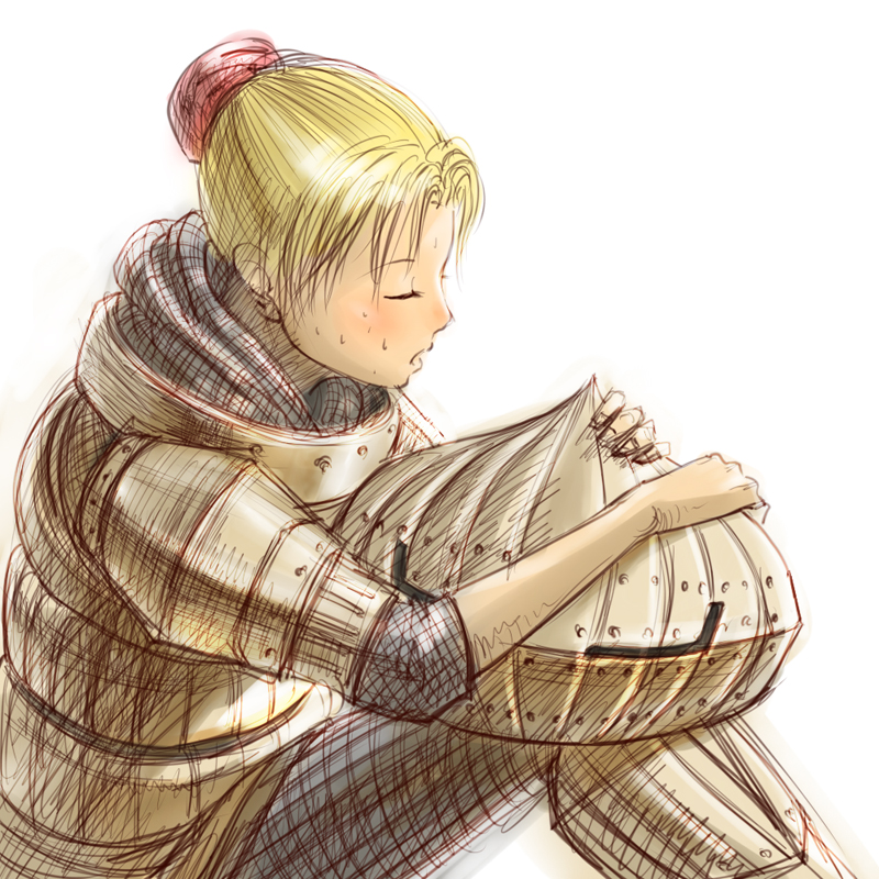 blonde_hair, closed_eyes, dark_souls, eyes_closed, hair_bun, helmet, knight, sieglinde_of_catarina, solo, sow, sweat