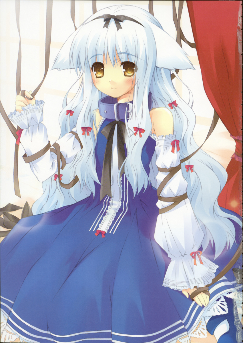 absurdres, animal_ears, blush, collar, detached_sleeves, dog_ears, dress, hair_ribbon