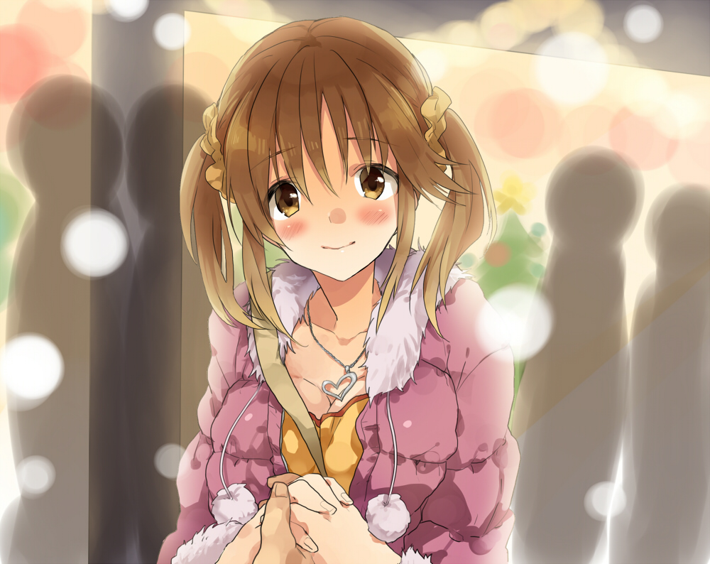 blush, breasts, brown_eyes, brown_hair, casual, cleavage, fur_coat, hand_holding