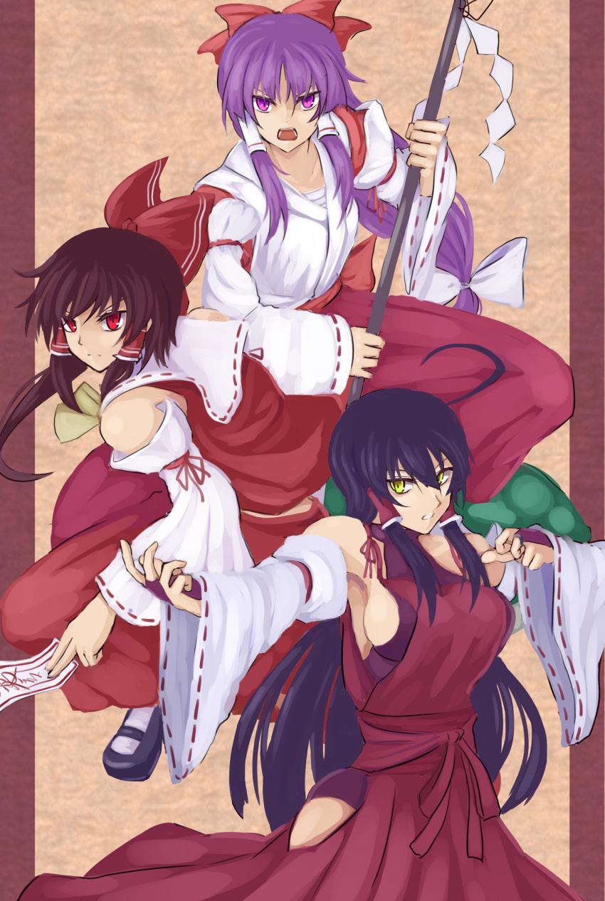 absurdres, ahoge, bare_shoulders, black_hair, bow, breasts, bridal_gauntlets, detached_sleeves